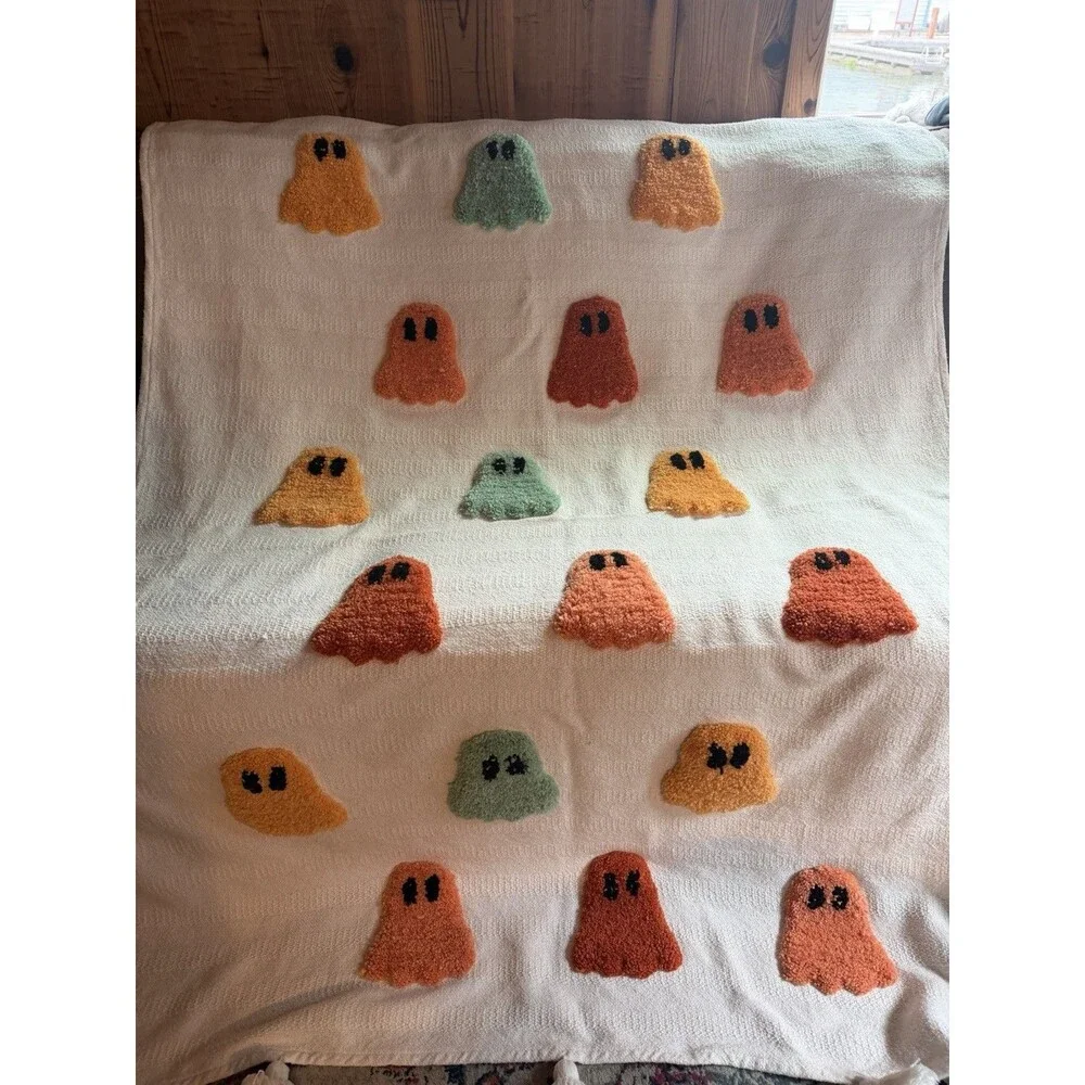 Rachel Zoe Orange, Green Multicolor Ghosts Throw Blanket Viral Halloween Tassels